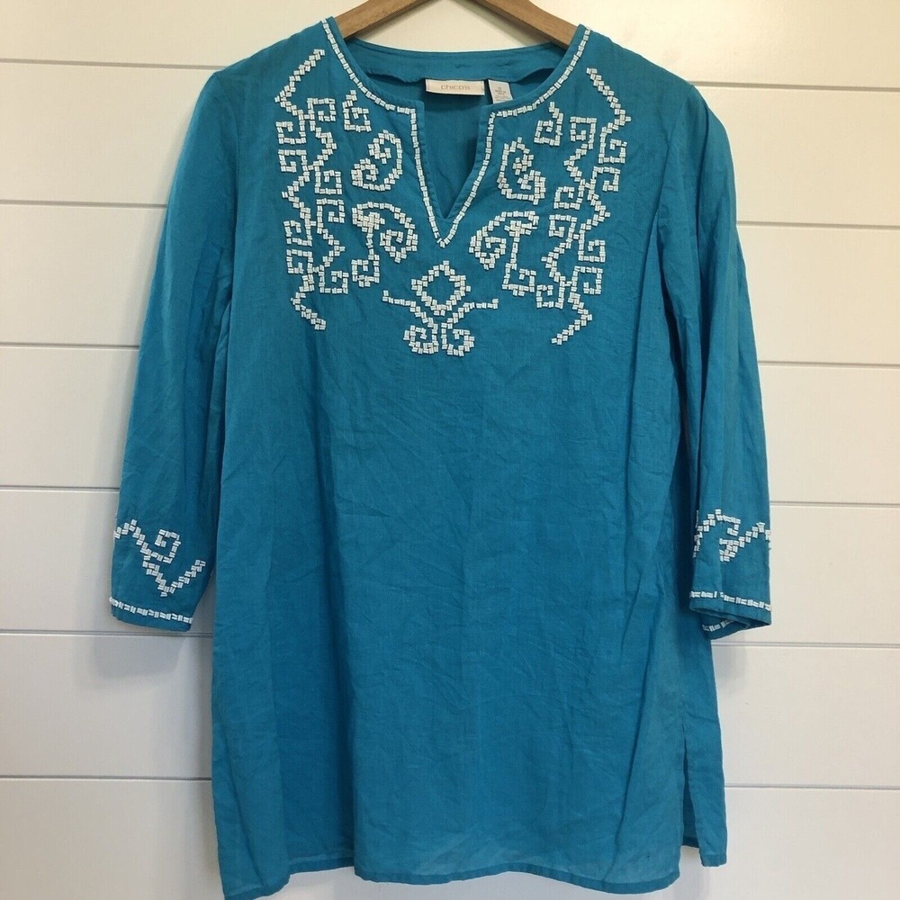 Chico's Women's Beaded Linen Blend Tunic Top Size 0 (Small) Resortwear Aqua